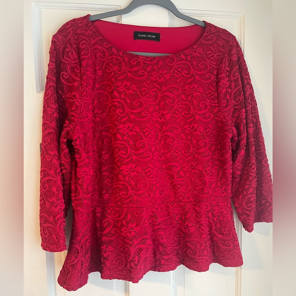 Ivanka Trump Red 3/4 Sleeve Lace Peplum Blouse